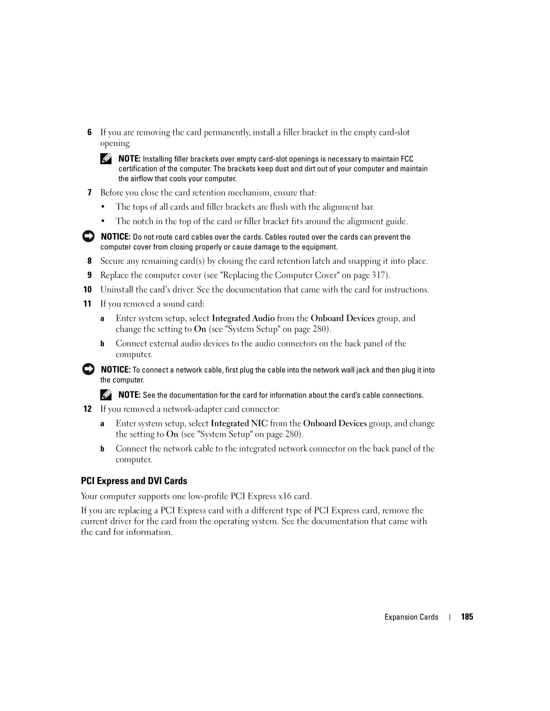 Dell 755 manual PCI Express and DVI Cards, 185 