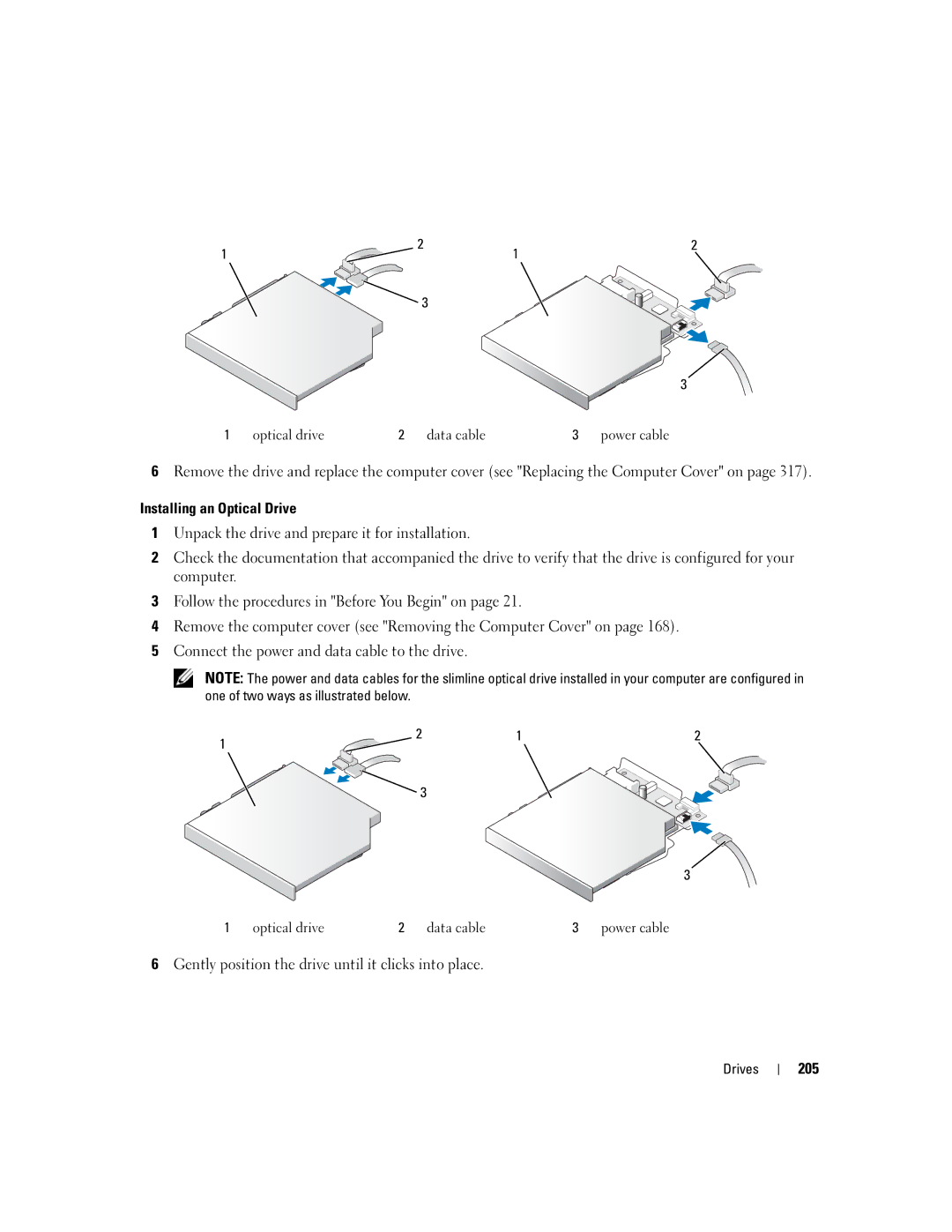 Dell 755 manual Gently position the drive until it clicks into place, 205 