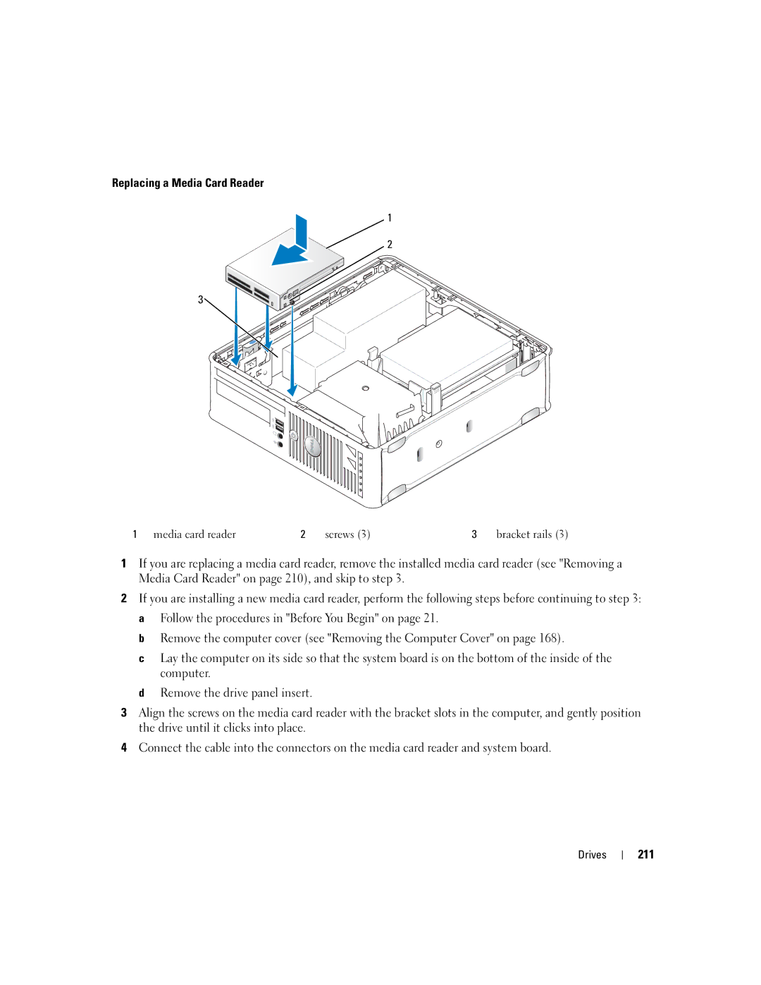 Dell 755 manual Replacing a Media Card Reader, 211 