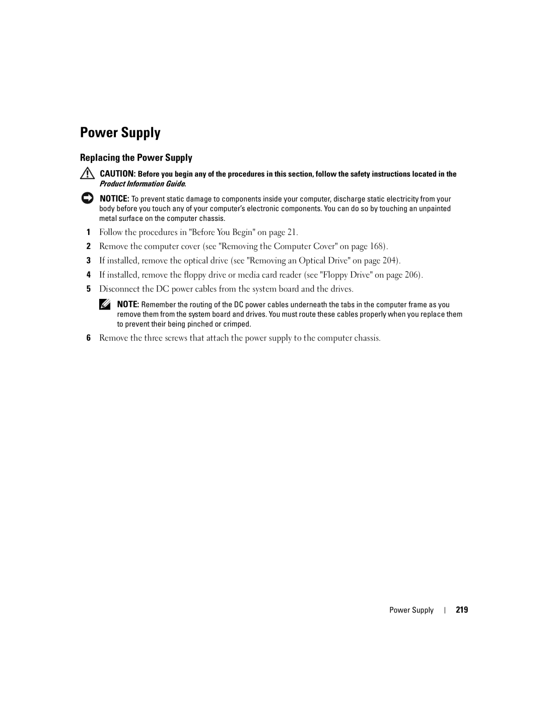 Dell 755 manual Power Supply, 219 