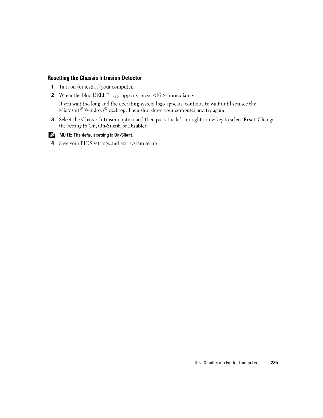 Dell 755 manual Resetting the Chassis Intrusion Detector, 235 