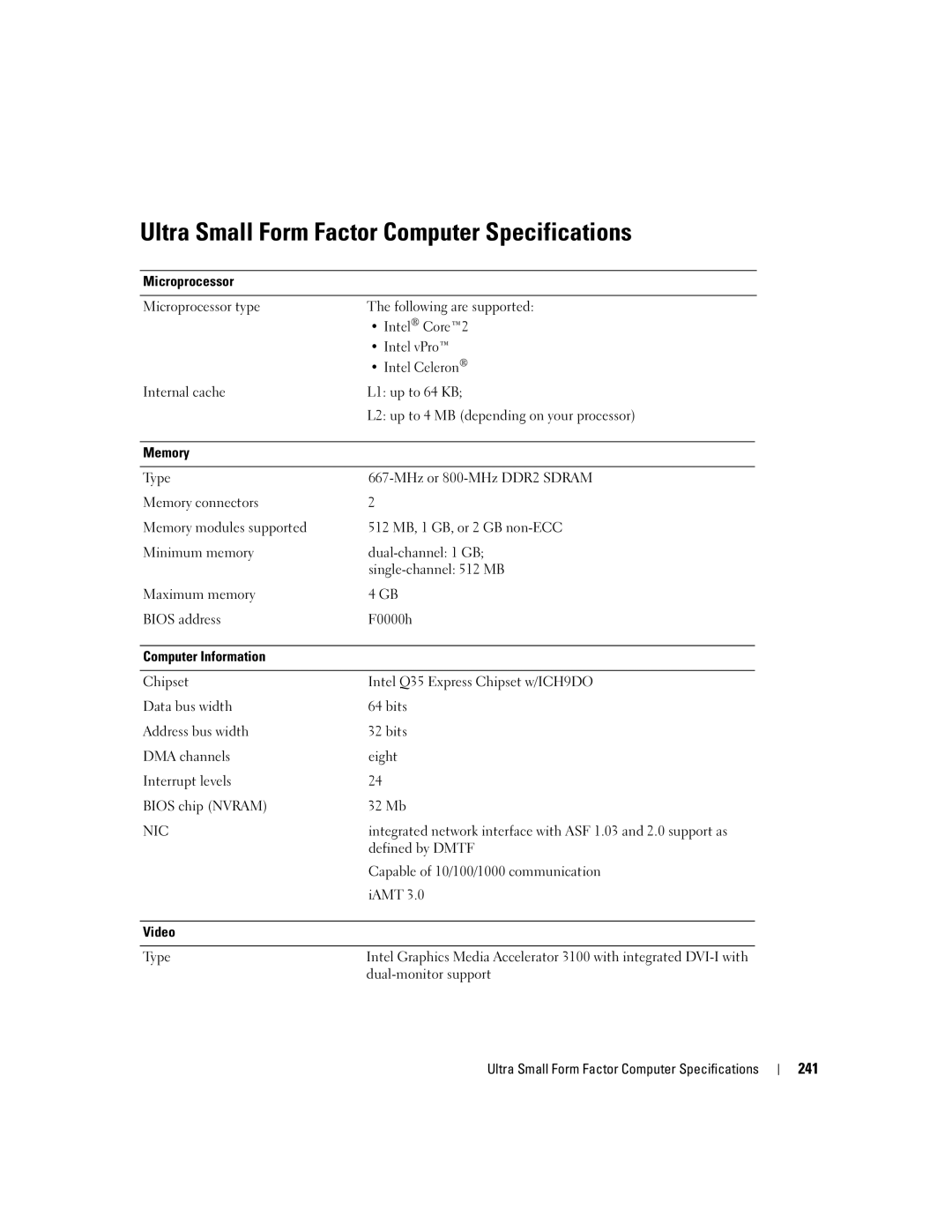 Dell 755 manual Ultra Small Form Factor Computer Specifications, 241 