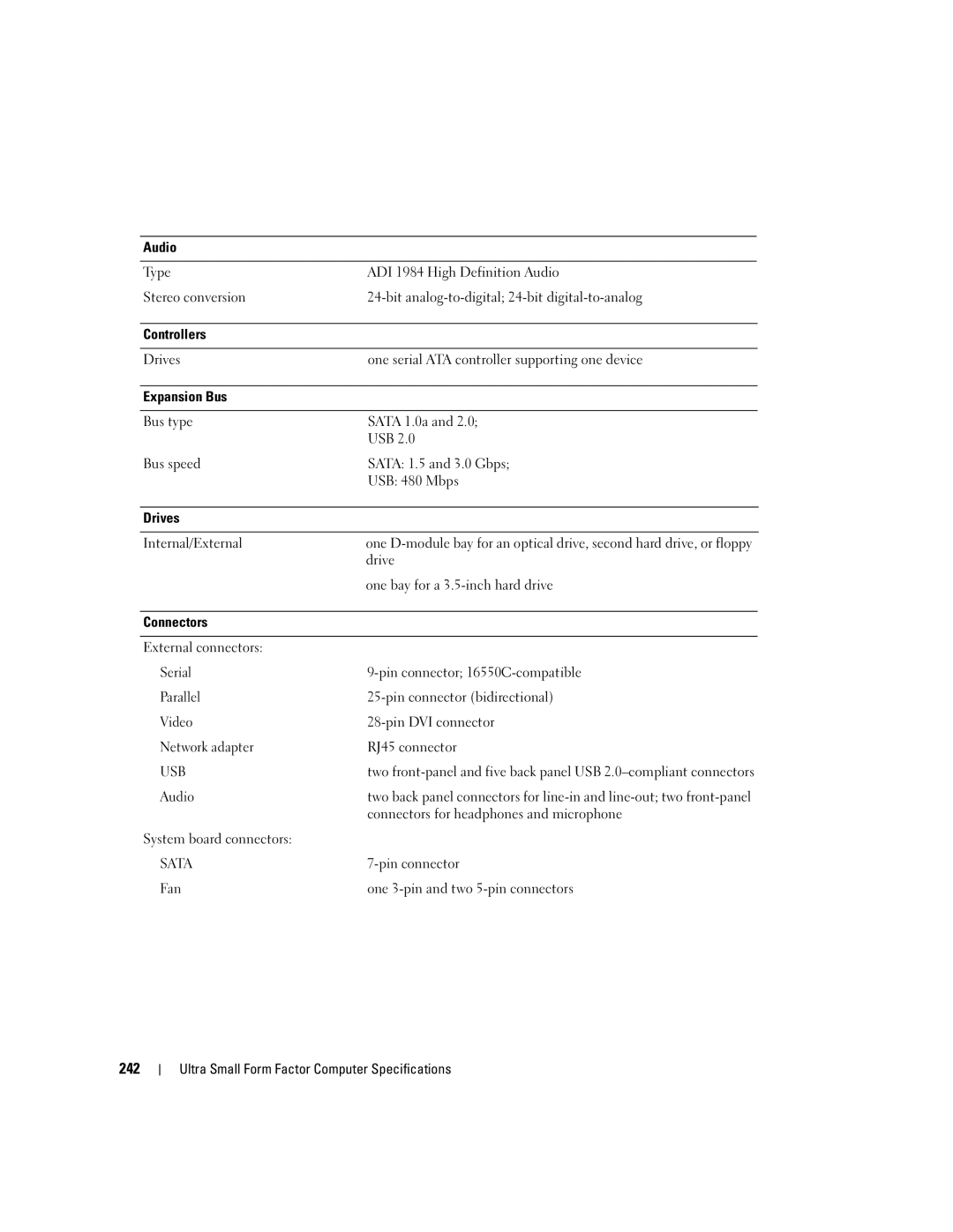 Dell 755 manual 242, Ultra Small Form Factor Computer Specifications 