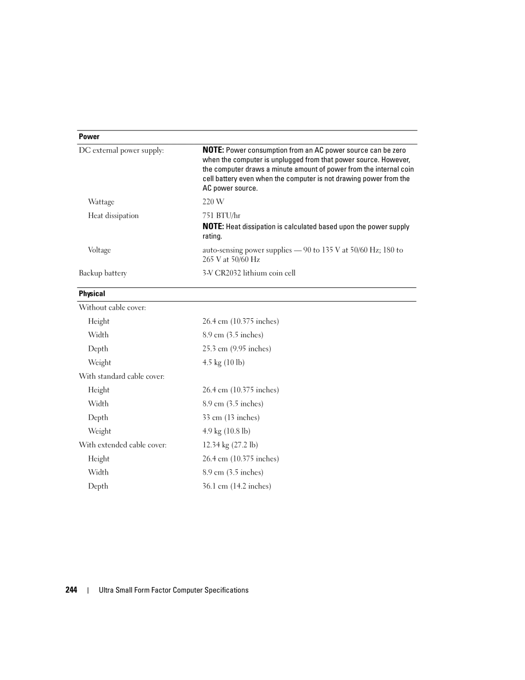 Dell 755 manual 244, AC power source, Physical 