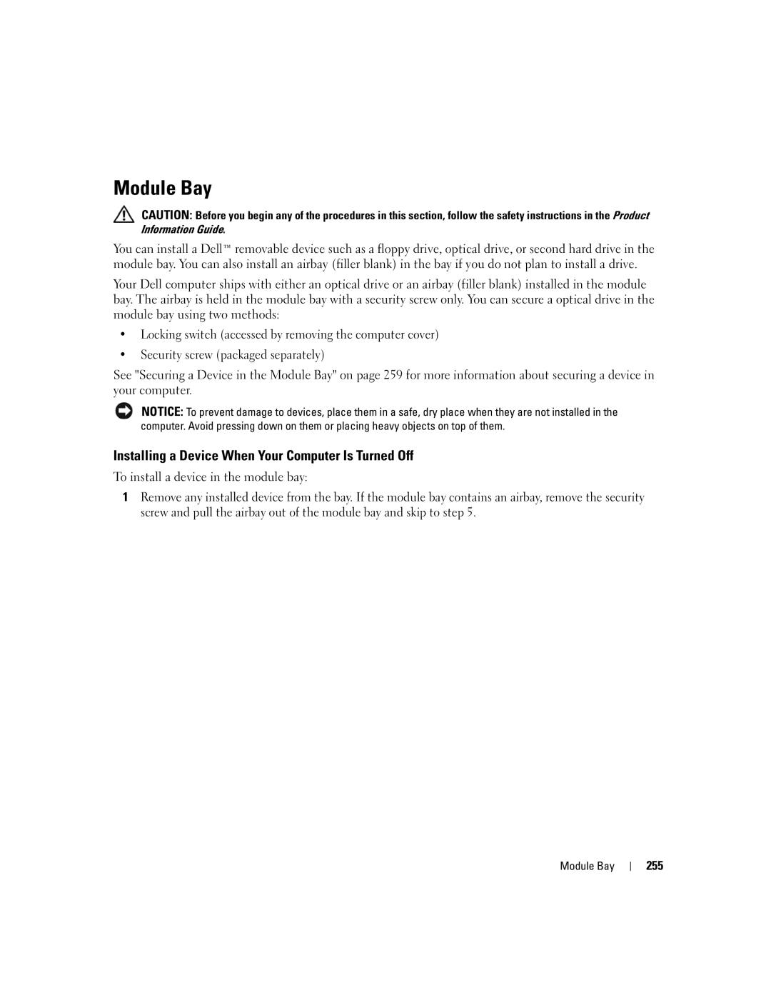 Dell 755 manual Module Bay, Installing a Device When Your Computer Is Turned Off, 255 
