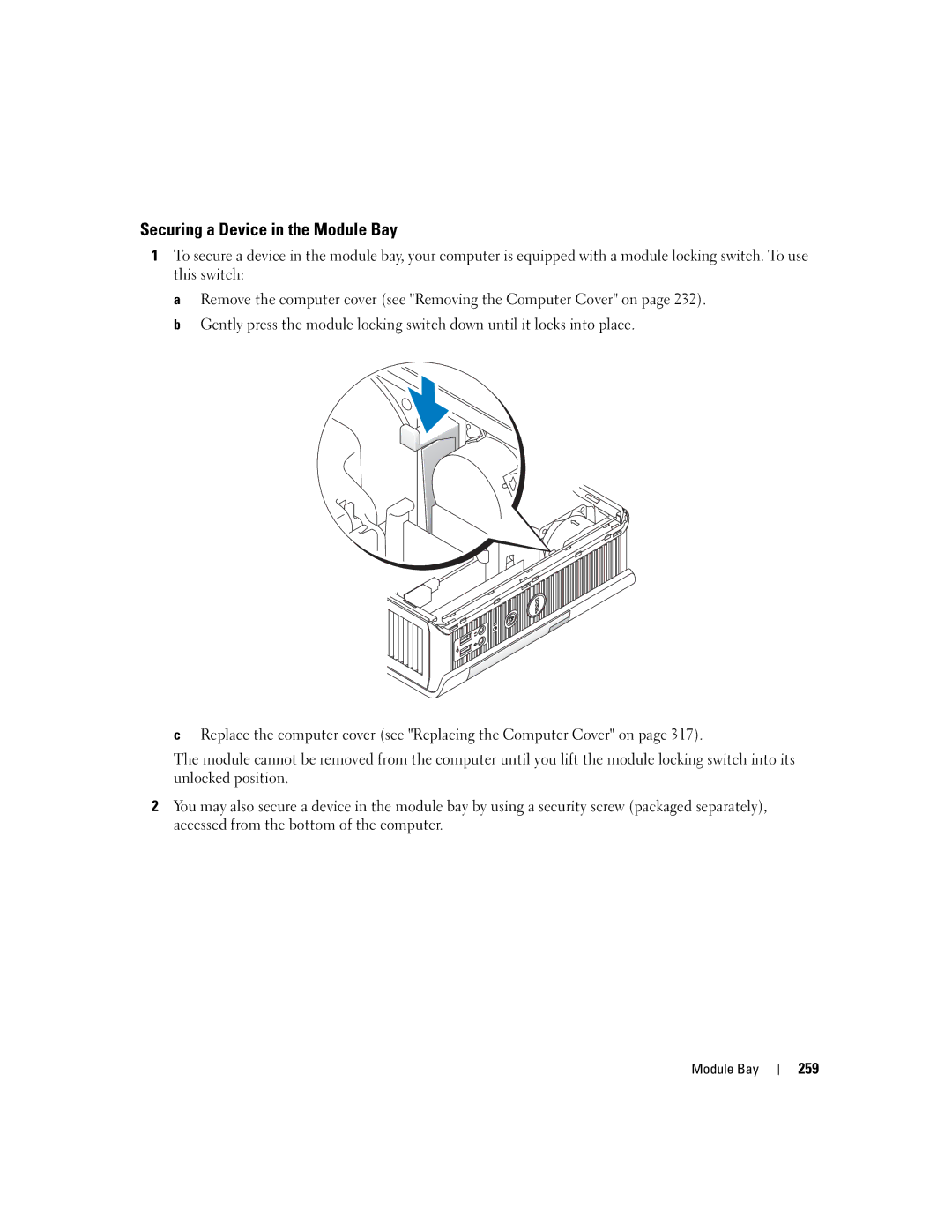 Dell 755 manual Securing a Device in the Module Bay, 259 