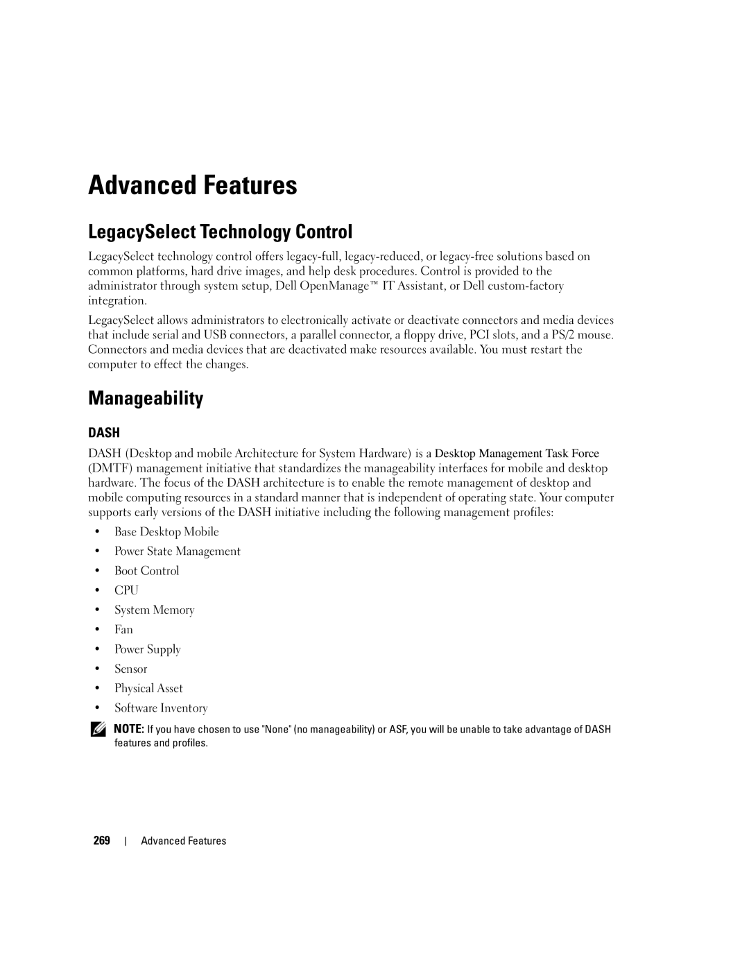 Dell 755 manual Advanced Features, LegacySelect Technology Control, Manageability 