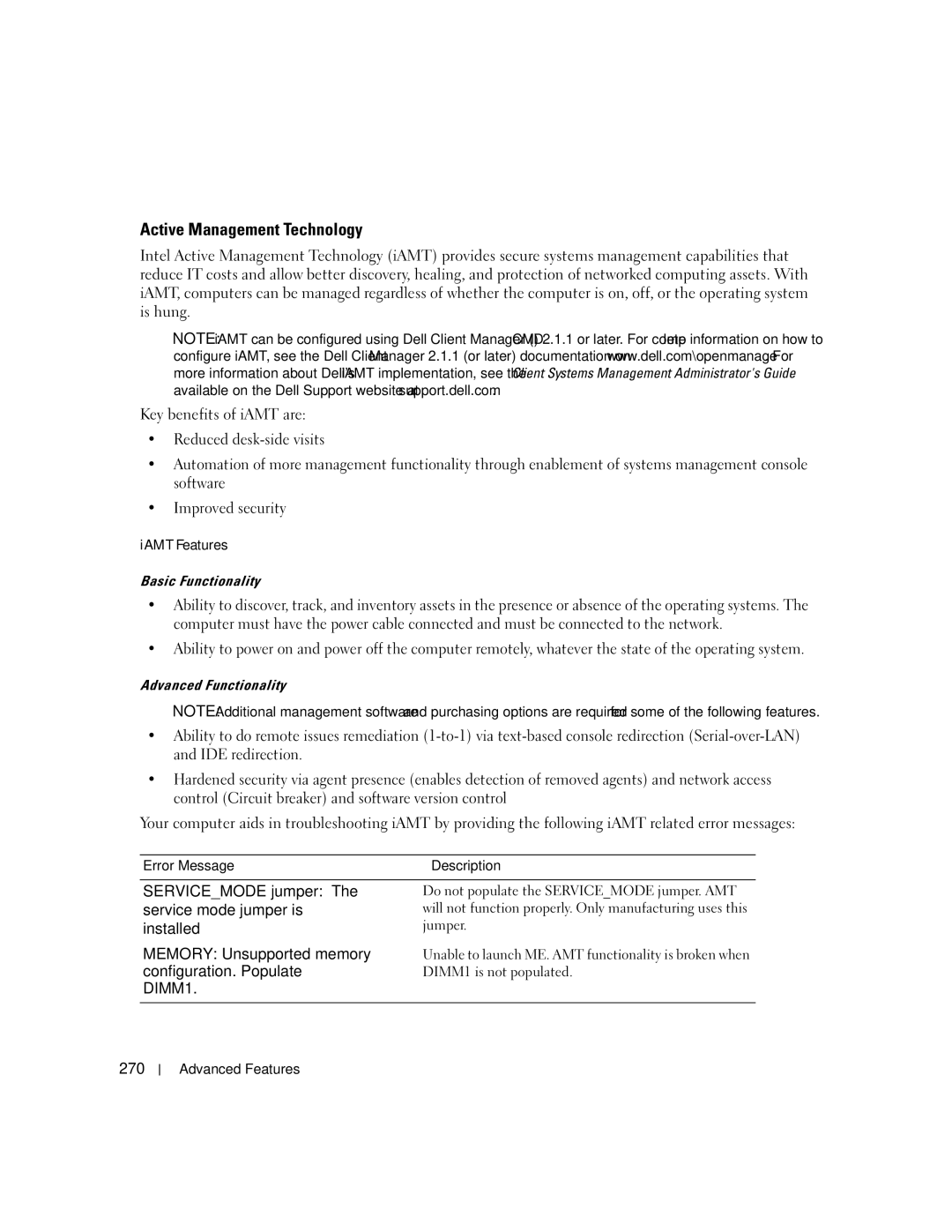 Dell 755 manual Active Management Technology, 270, Advanced Functionality, Error Message Description 