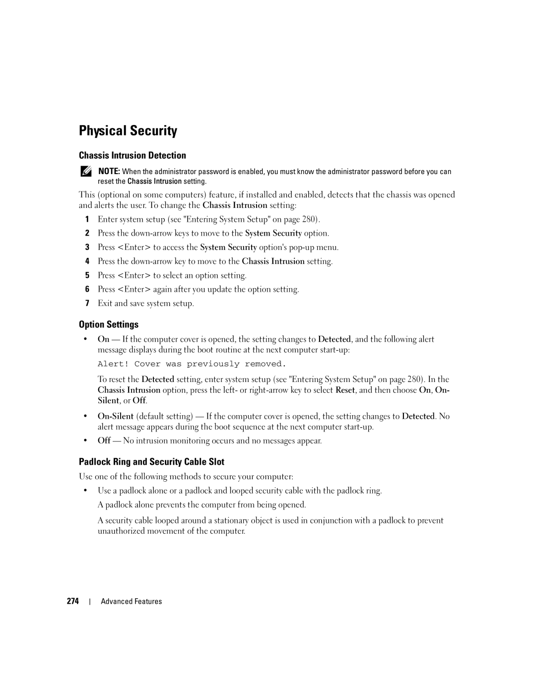 Dell 755 manual Physical Security, Chassis Intrusion Detection, Option Settings, Padlock Ring and Security Cable Slot 