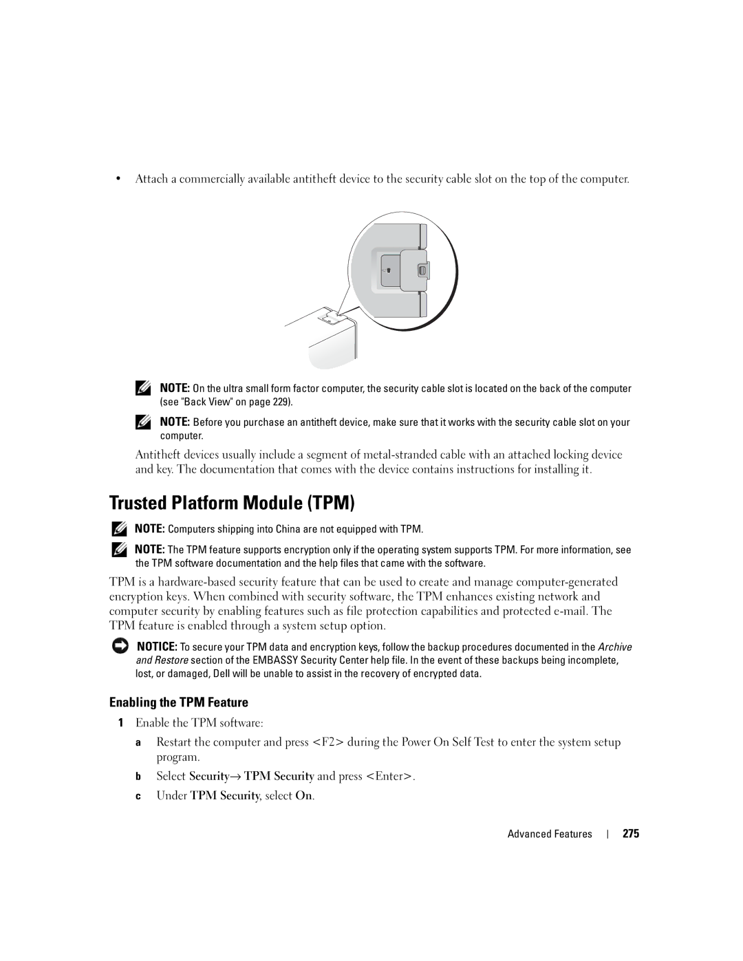 Dell 755 manual Trusted Platform Module TPM, Enabling the TPM Feature, 275 