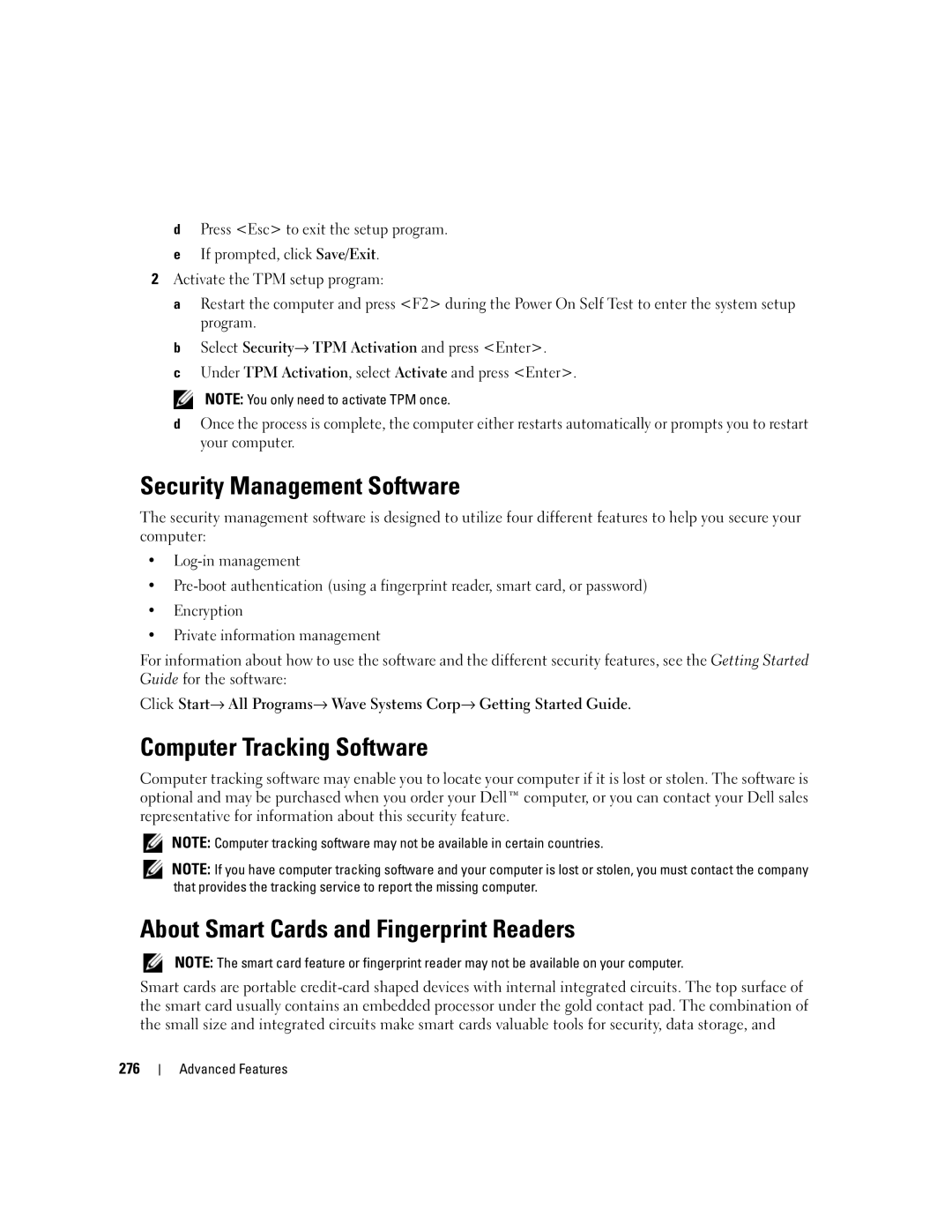 Dell 755 manual Security Management Software, Computer Tracking Software, About Smart Cards and Fingerprint Readers, 276 