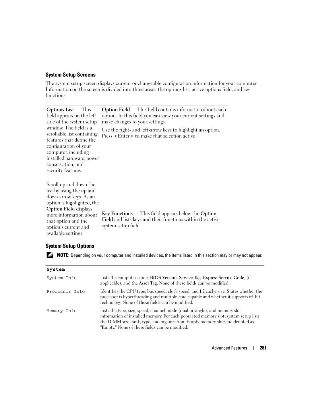 Dell 755 manual System Setup Screens, System Setup Options, 281 