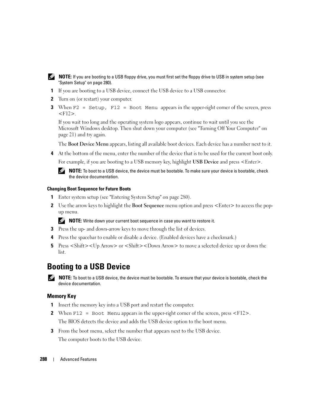 Dell 755 manual Booting to a USB Device, Memory Key 