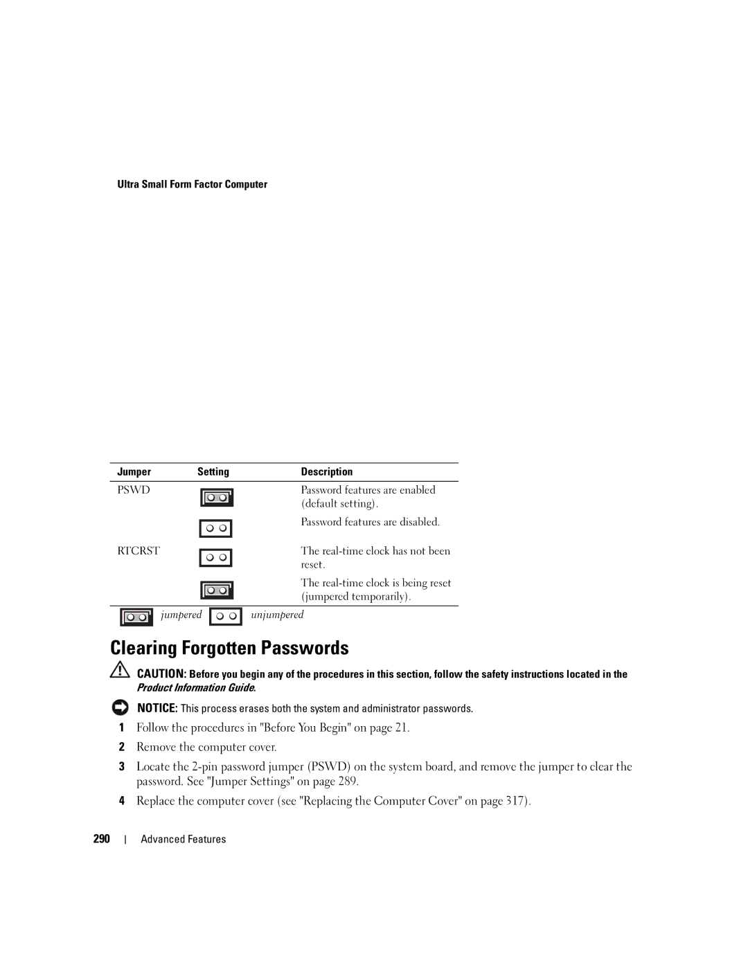 Dell 755 manual Clearing Forgotten Passwords, Ultra Small Form Factor Computer Jumper Setting Description 