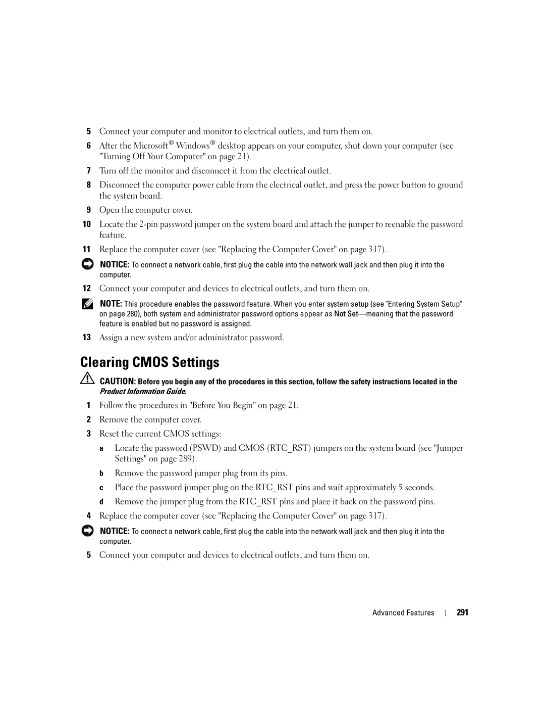 Dell 755 manual Clearing Cmos Settings, 291 