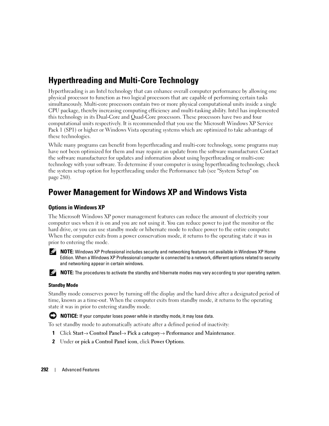 Dell 755 manual Hyperthreading and Multi-Core Technology, Power Management for Windows XP and Windows Vista 