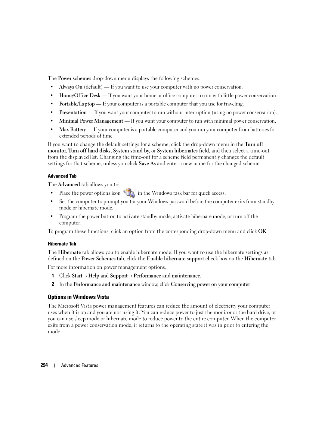 Dell 755 manual Options in Windows Vista 