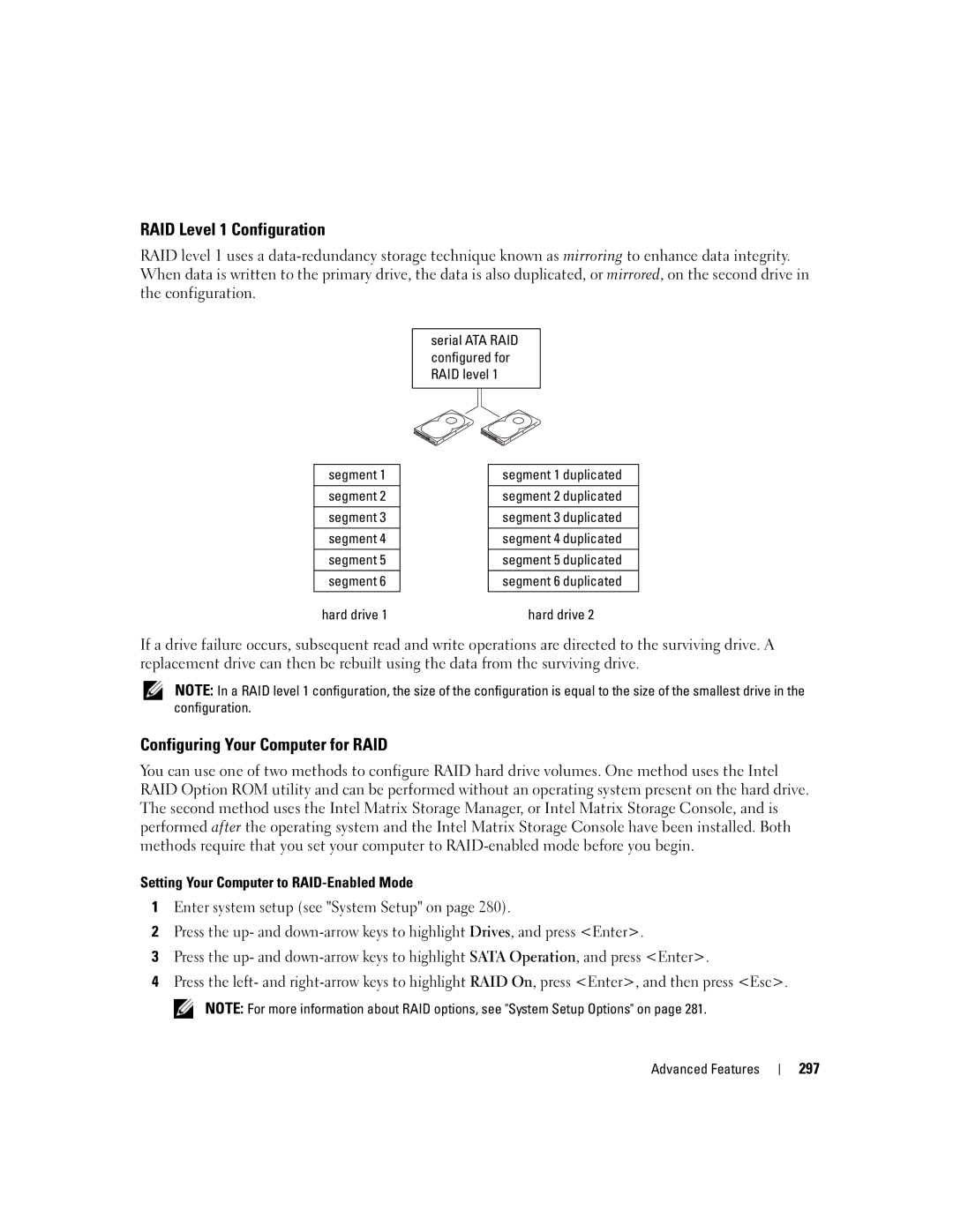 Dell 755 manual RAID Level 1 Configuration, Configuring Your Computer for RAID, 297 