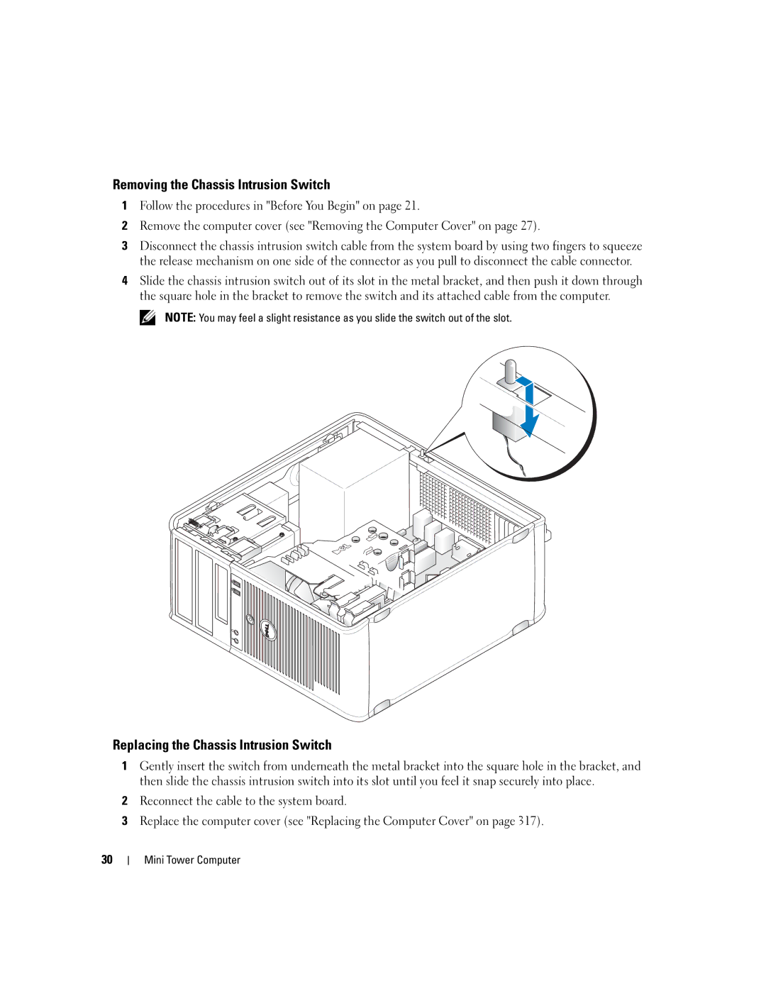 Dell 755 manual Removing the Chassis Intrusion Switch, Replacing the Chassis Intrusion Switch 