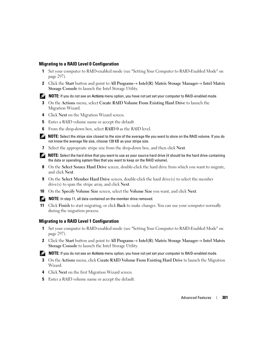 Dell 755 manual Migrating to a RAID Level 0 Configuration, Migrating to a RAID Level 1 Configuration, 301 