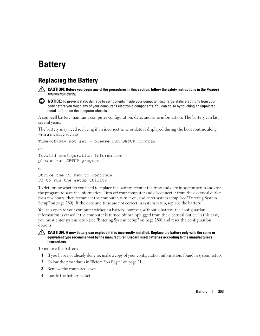 Dell 755 manual Replacing the Battery, 303 