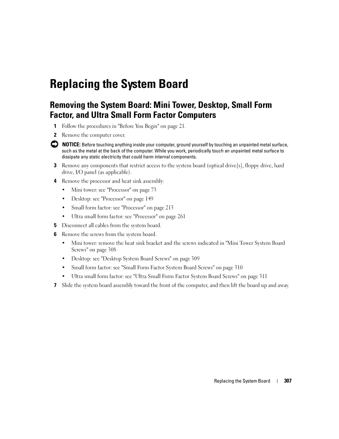 Dell 755 manual Replacing the System Board, 307 