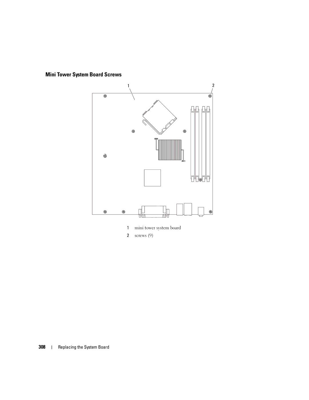 Dell 755 manual Mini Tower System Board Screws, 308 