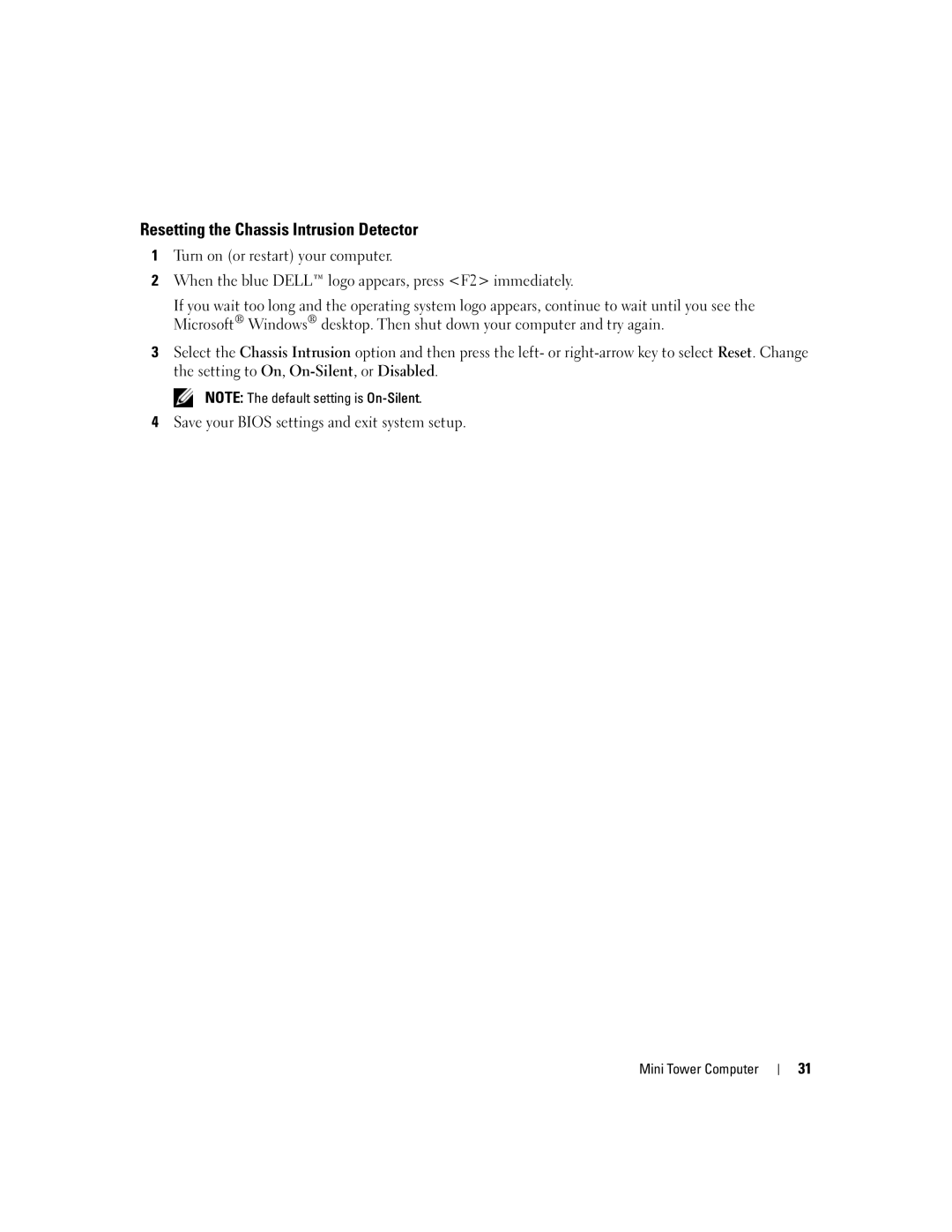 Dell 755 manual Resetting the Chassis Intrusion Detector 