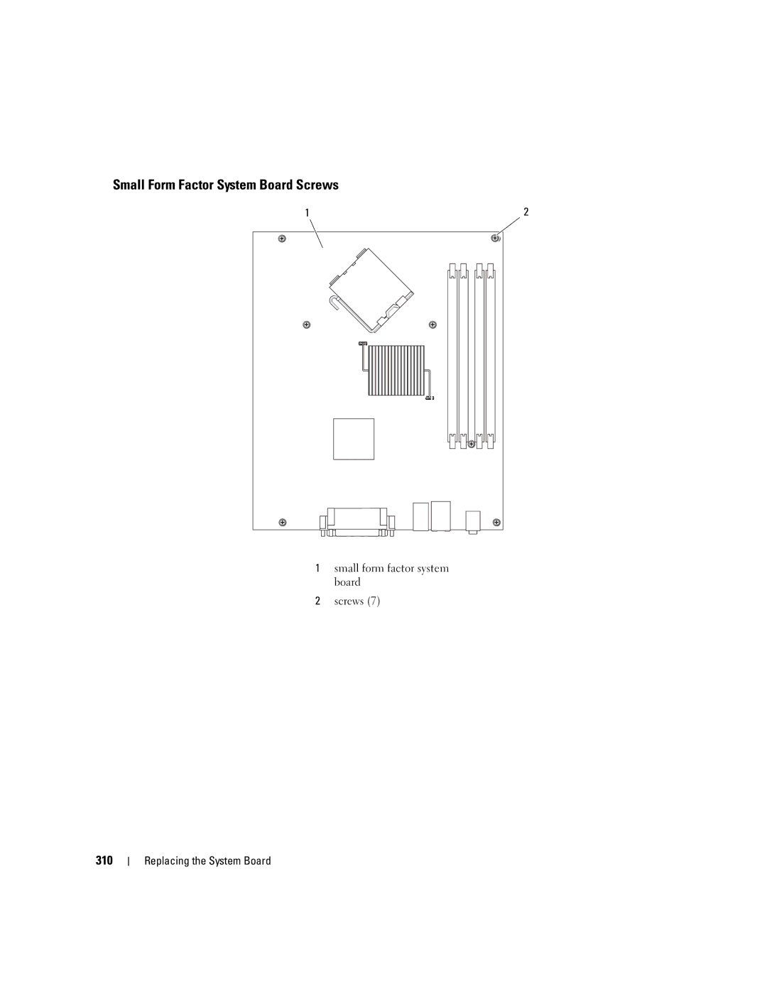 Dell 755 manual Small Form Factor System Board Screws, 310 