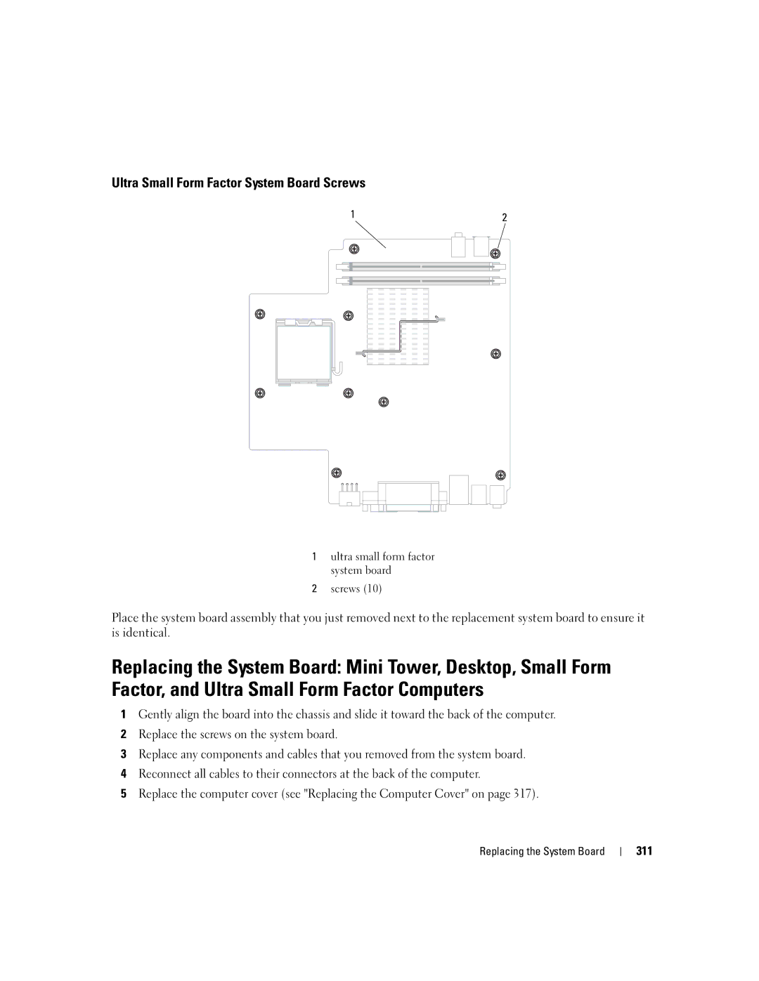 Dell 755 manual Ultra Small Form Factor System Board Screws, 311 