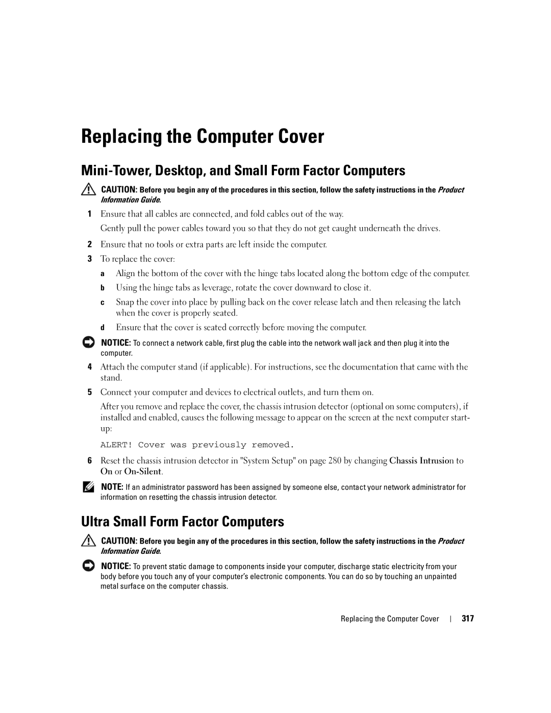 Dell 755 manual Replacing the Computer Cover, Mini-Tower, Desktop, and Small Form Factor Computers, 317 