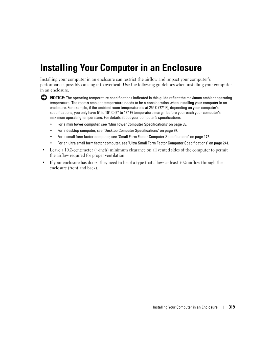 Dell 755 manual Installing Your Computer in an Enclosure, 319 