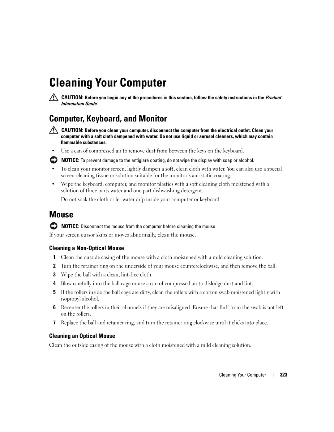 Dell 755 manual Cleaning Your Computer, Computer, Keyboard, and Monitor, Cleaning a Non-Optical Mouse 