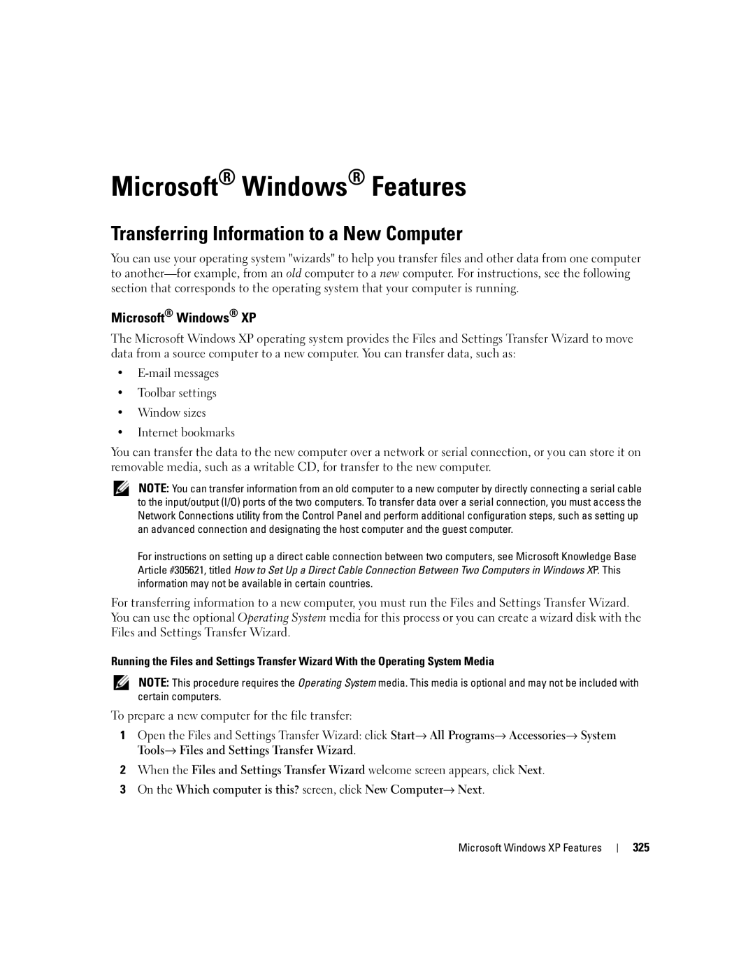 Dell 755 manual Microsoft Windows Features, Transferring Information to a New Computer, Microsoft Windows XP, 325 