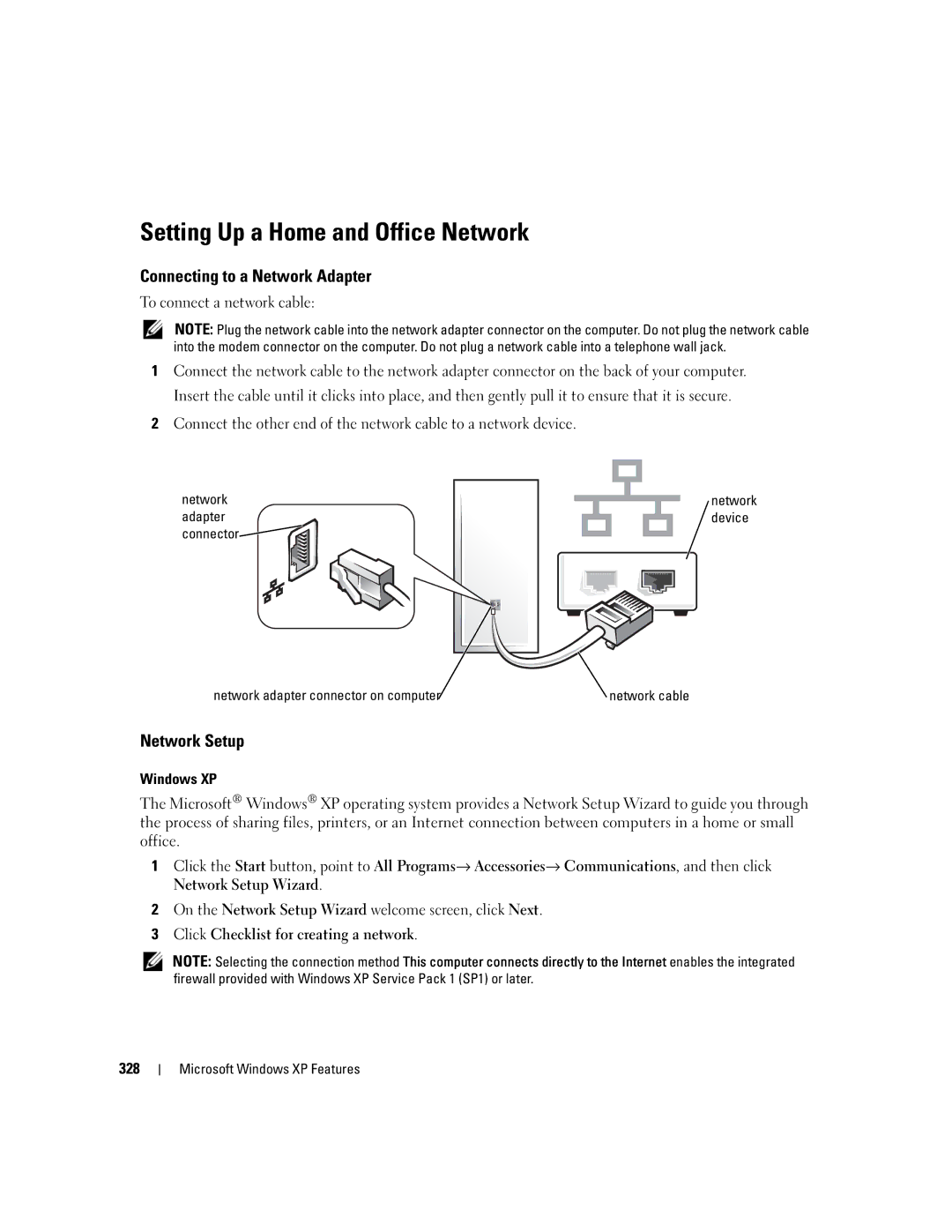 Dell 755 Setting Up a Home and Office Network, Connecting to a Network Adapter, Network Setup, To connect a network cable 