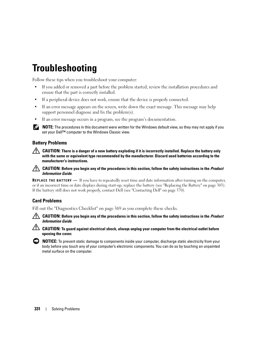 Dell 755 manual Troubleshooting, Battery Problems, Card Problems, Solving Problems 