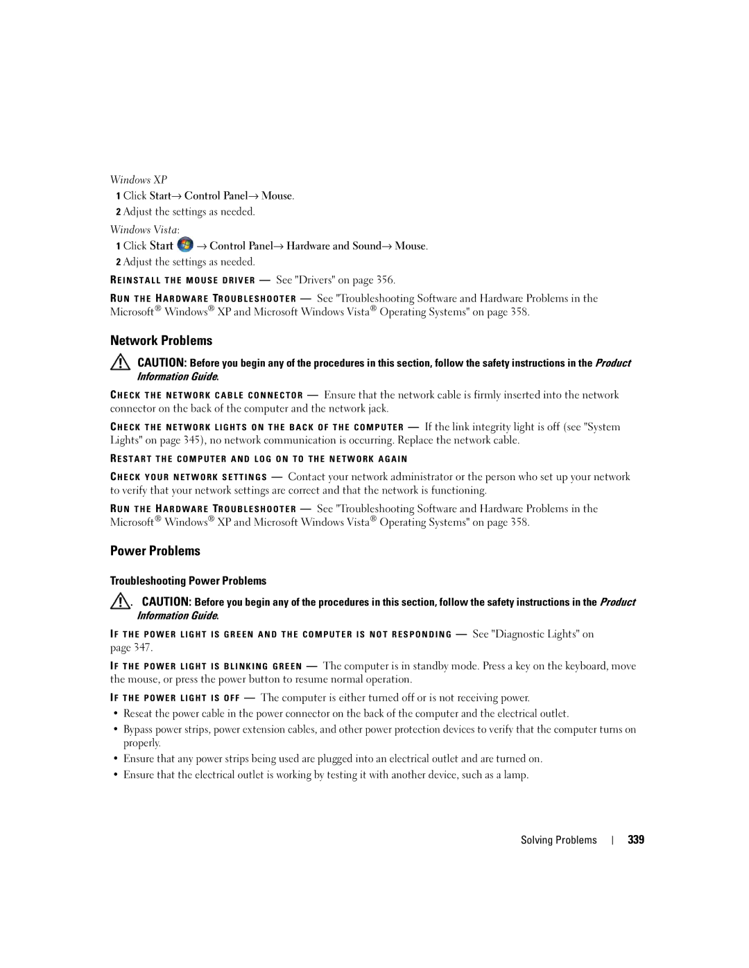 Dell 755 manual Network Problems, Troubleshooting Power Problems, 339, Windows XP Click Start→ Control Panel→ Mouse 