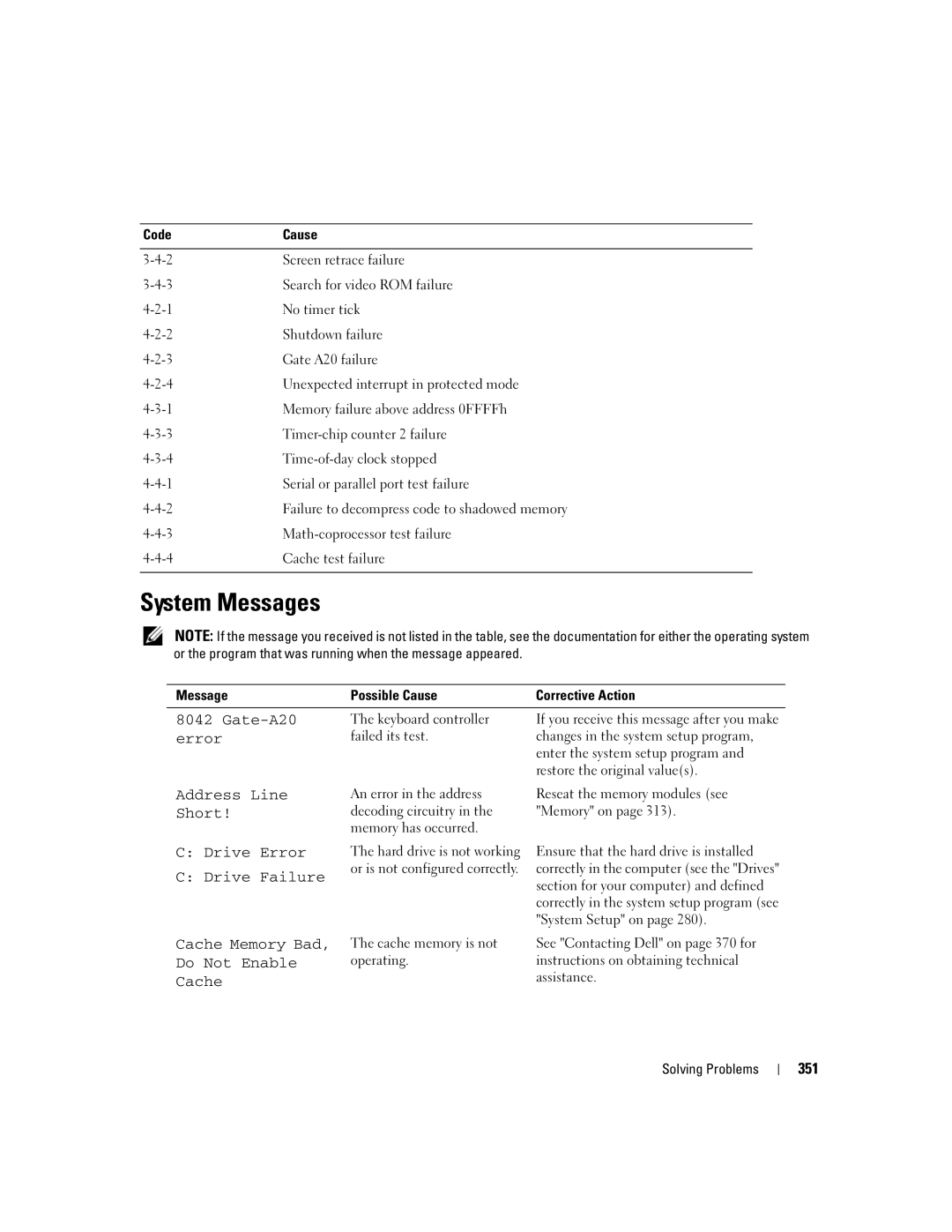 Dell 755 manual System Messages, 351, Message Possible Cause Corrective Action 