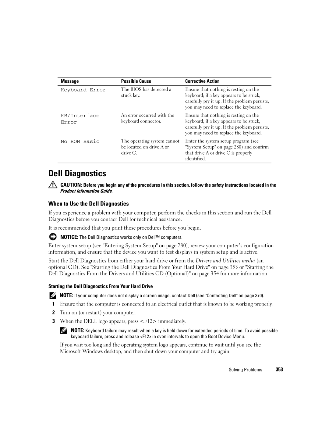 Dell 755 manual When to Use the Dell Diagnostics, 353, Product Information Guide 