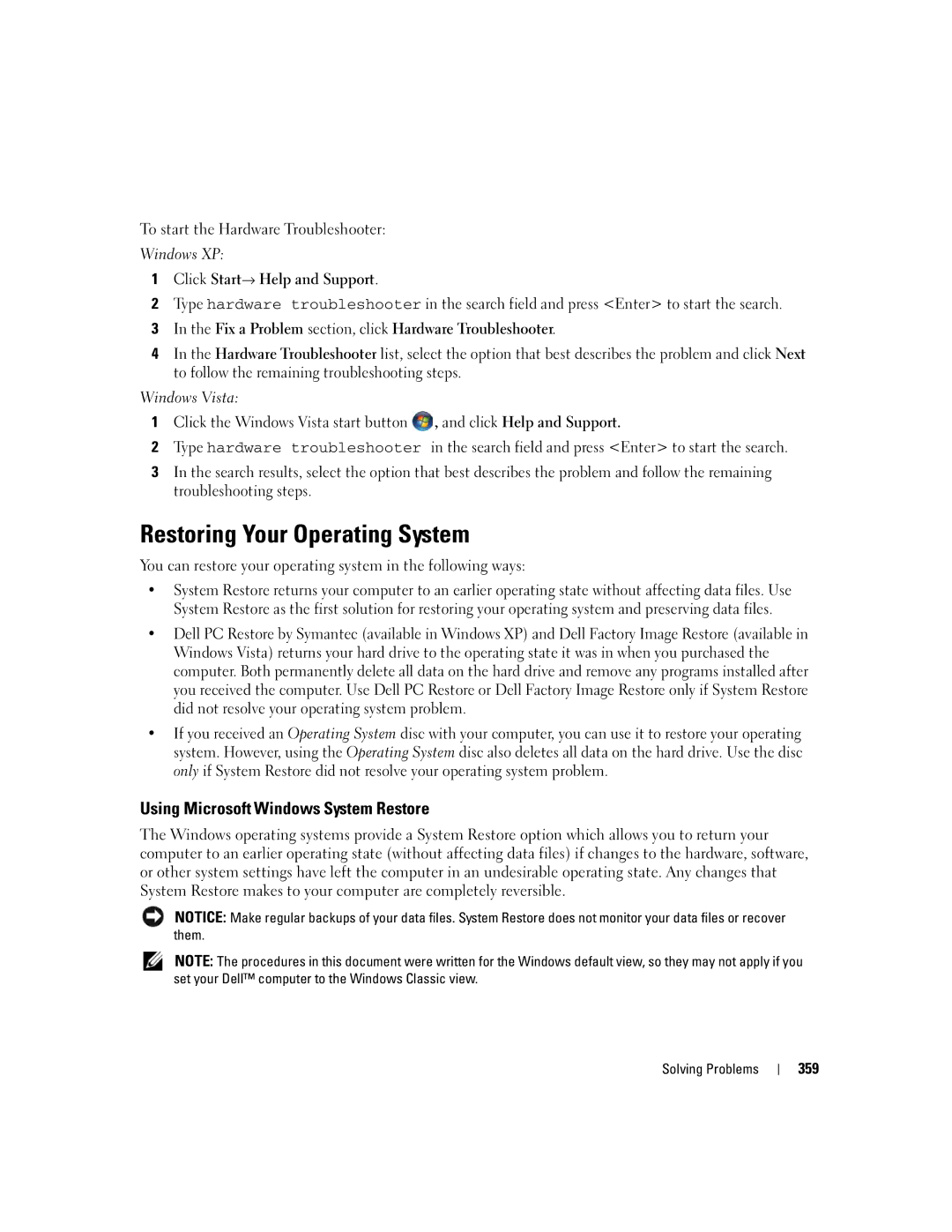Dell 755 Restoring Your Operating System, Using Microsoft Windows System Restore, To start the Hardware Troubleshooter 