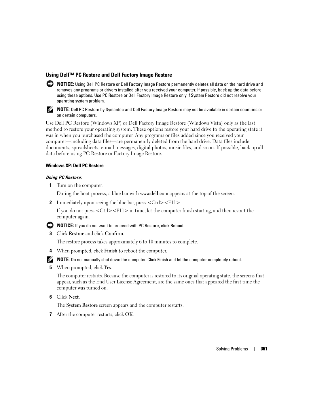 Dell 755 manual Using Dell PC Restore and Dell Factory Image Restore, 361, Using PC Restore 