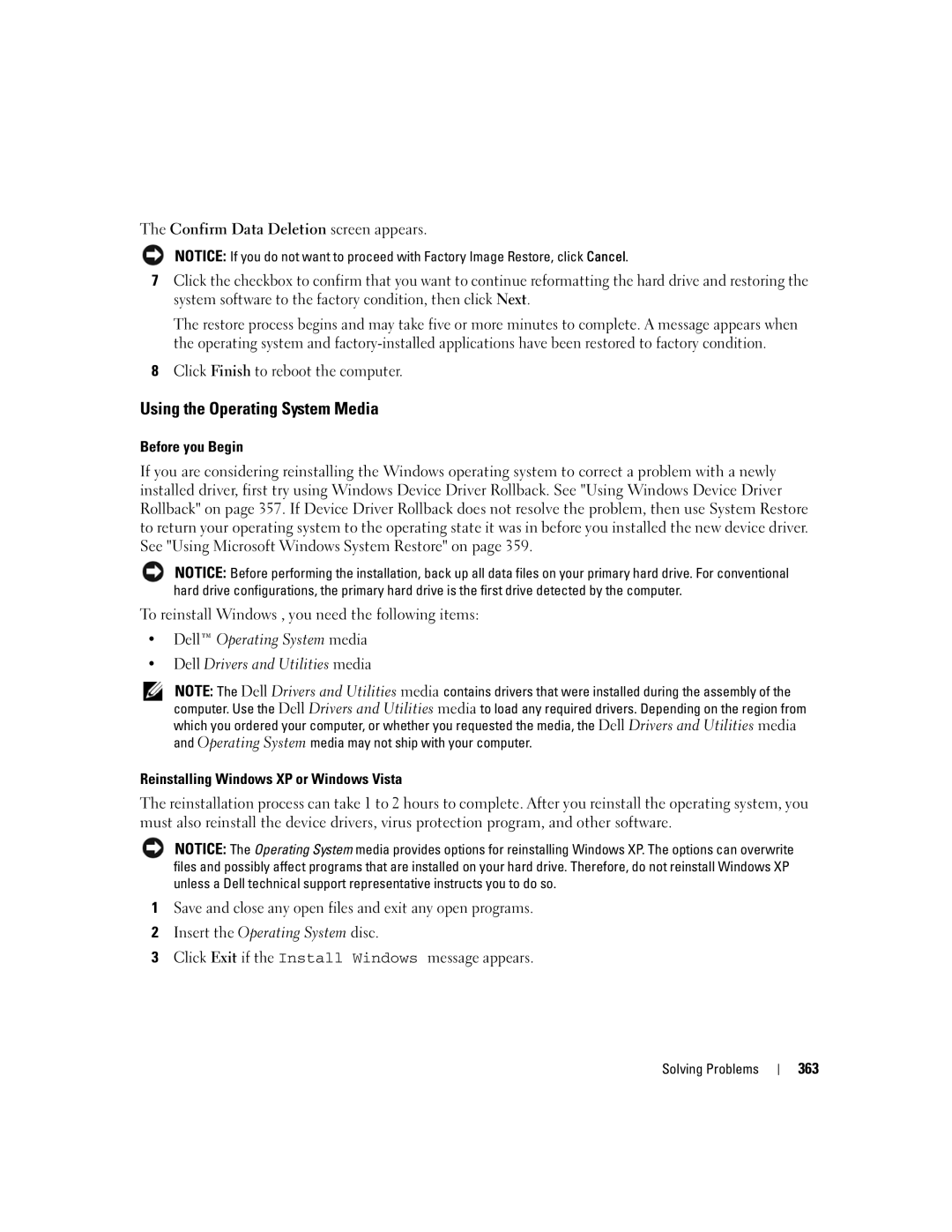 Dell 755 manual Using the Operating System Media, Click Finish to reboot the computer, 363 