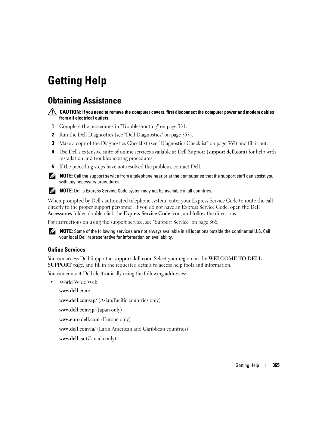 Dell 755 manual Getting Help, Obtaining Assistance, Online Services, 365 