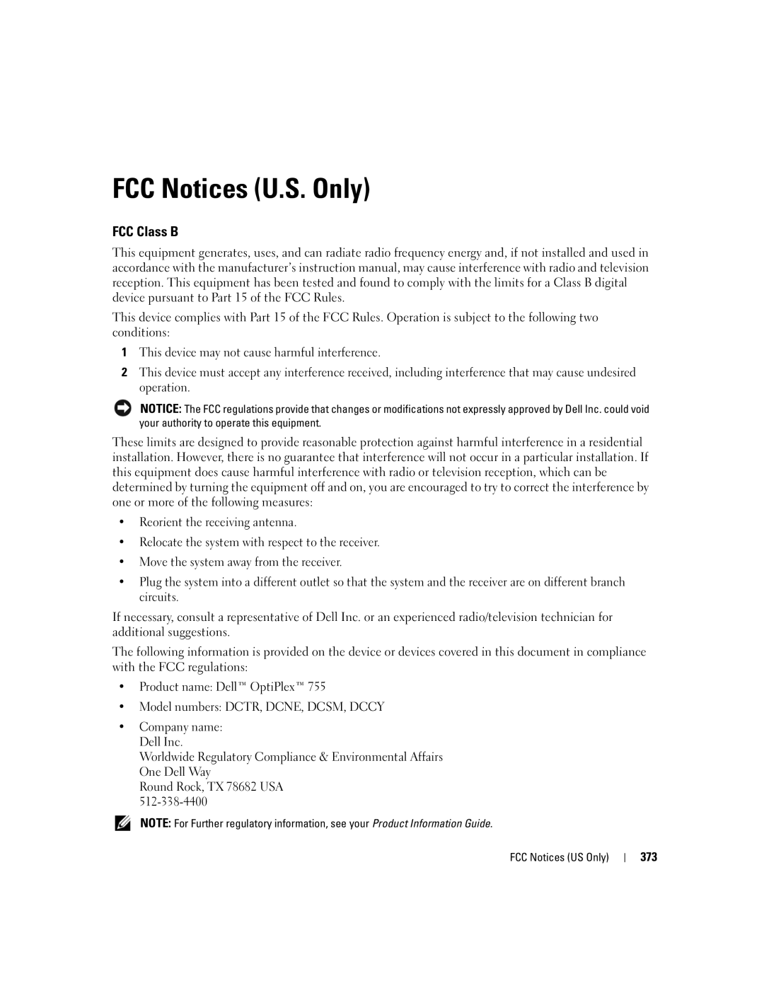 Dell 755 manual FCC Notices U.S. Only, FCC Class B, 373, FCC Notices US Only 