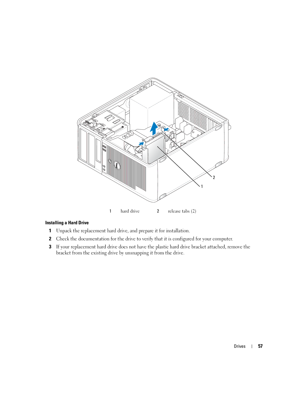 Dell 755 manual Hard drive Release tabs 