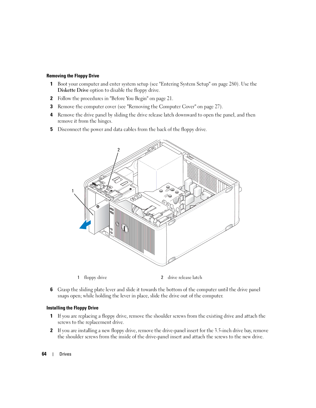 Dell 755 manual Floppy drive Drive release latch 