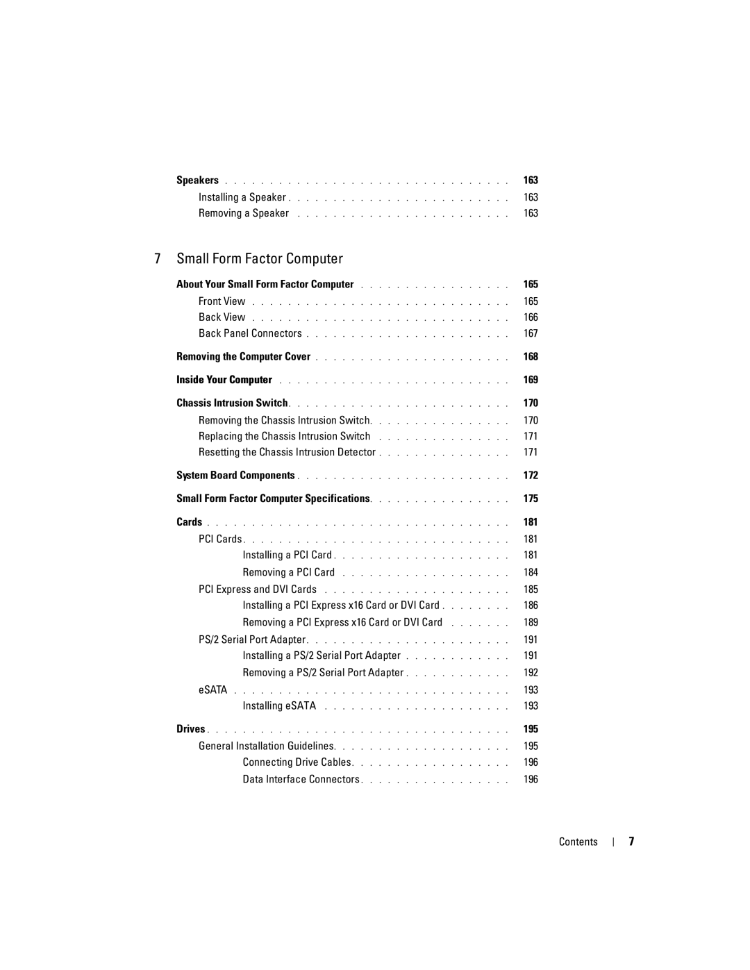 Dell 755 163, About Your Small Form Factor Computer 165, 166, 167, 168, 169, 170, 172, 181, 184, 185, 191, 193, 195, 196 