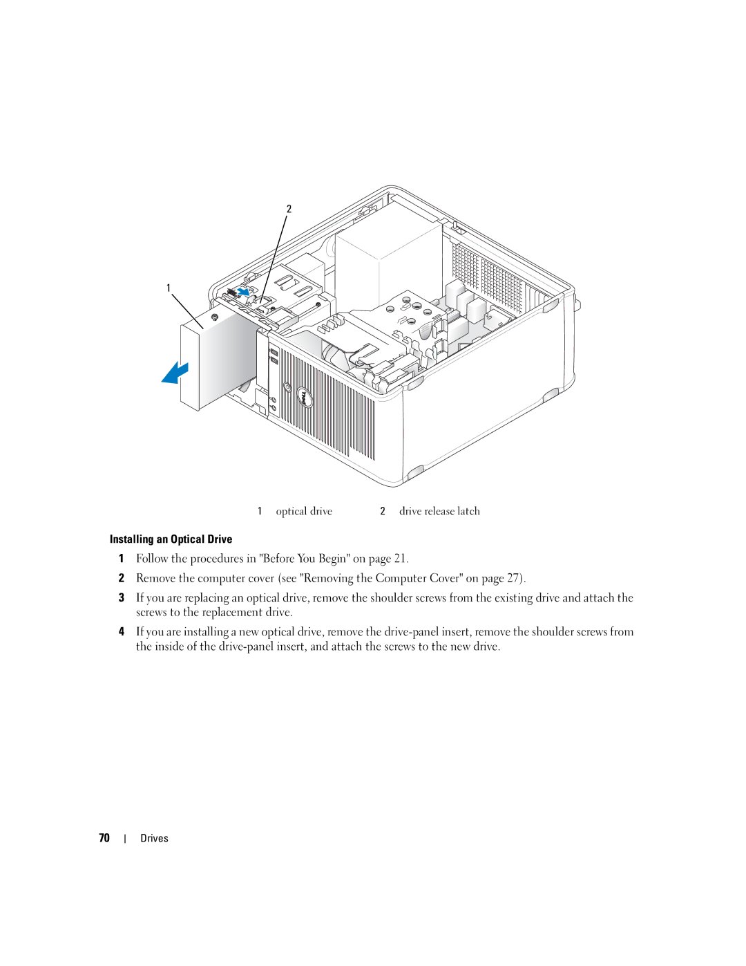 Dell 755 manual Optical drive Drive release latch 