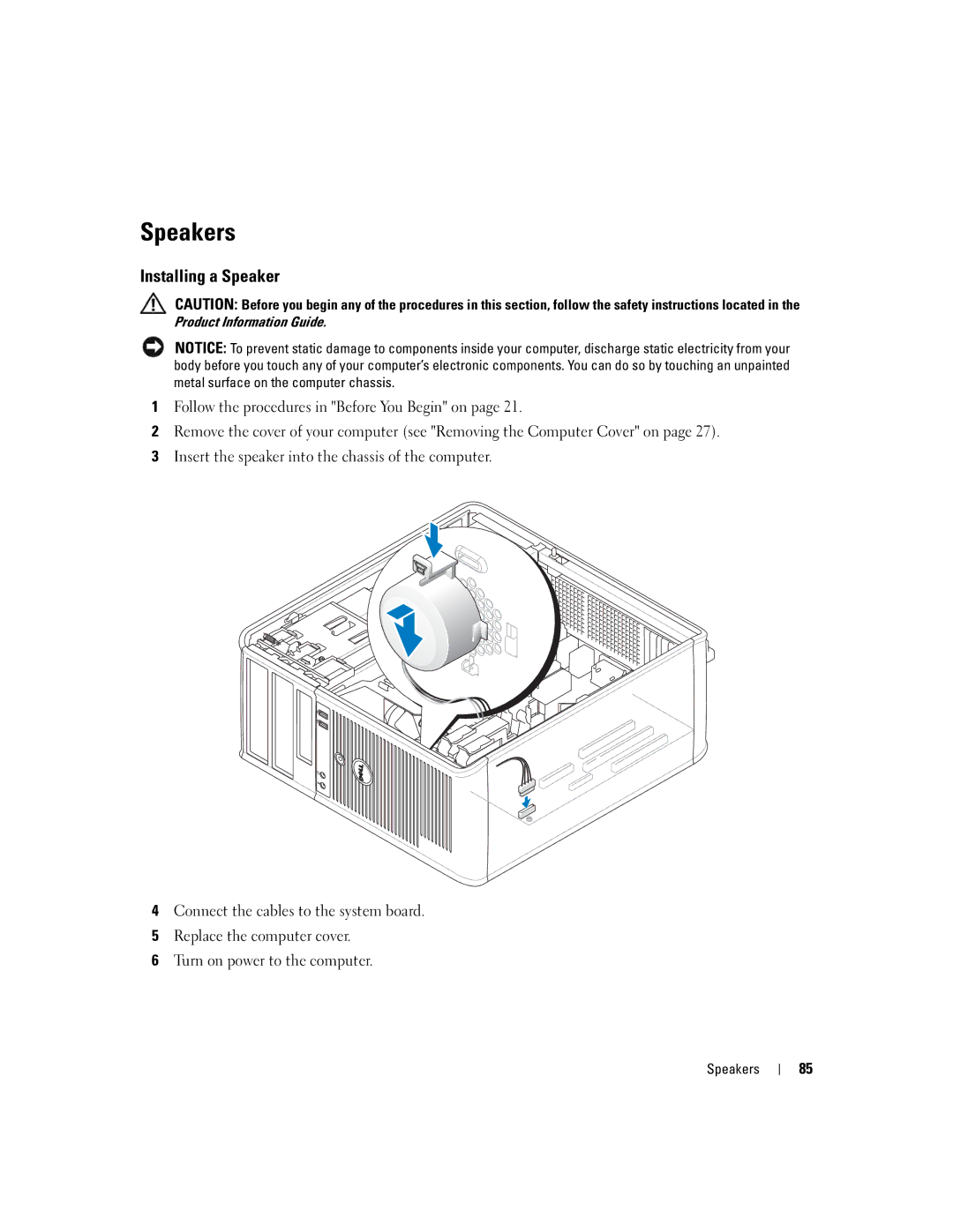 Dell 755 manual Speakers, Installing a Speaker 