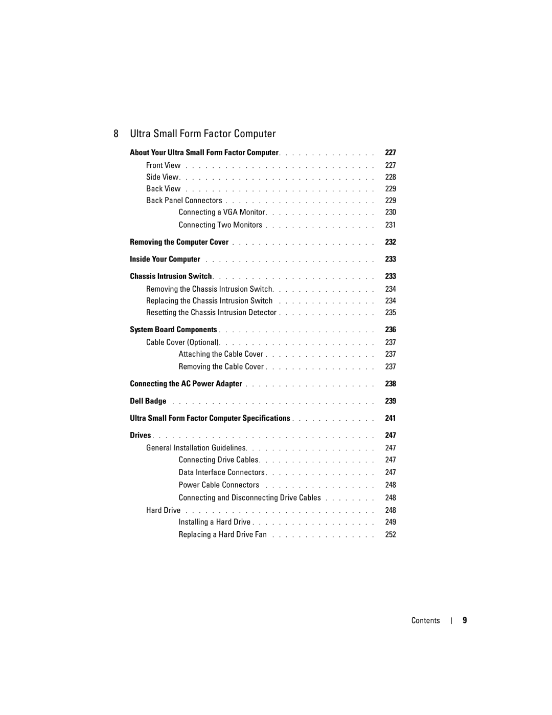 Dell 755 About Your Ultra Small Form Factor Computer 227, 228, 229, 230, 231, 232, 233, 236, 237, 238, 239, 247, 248, 249 